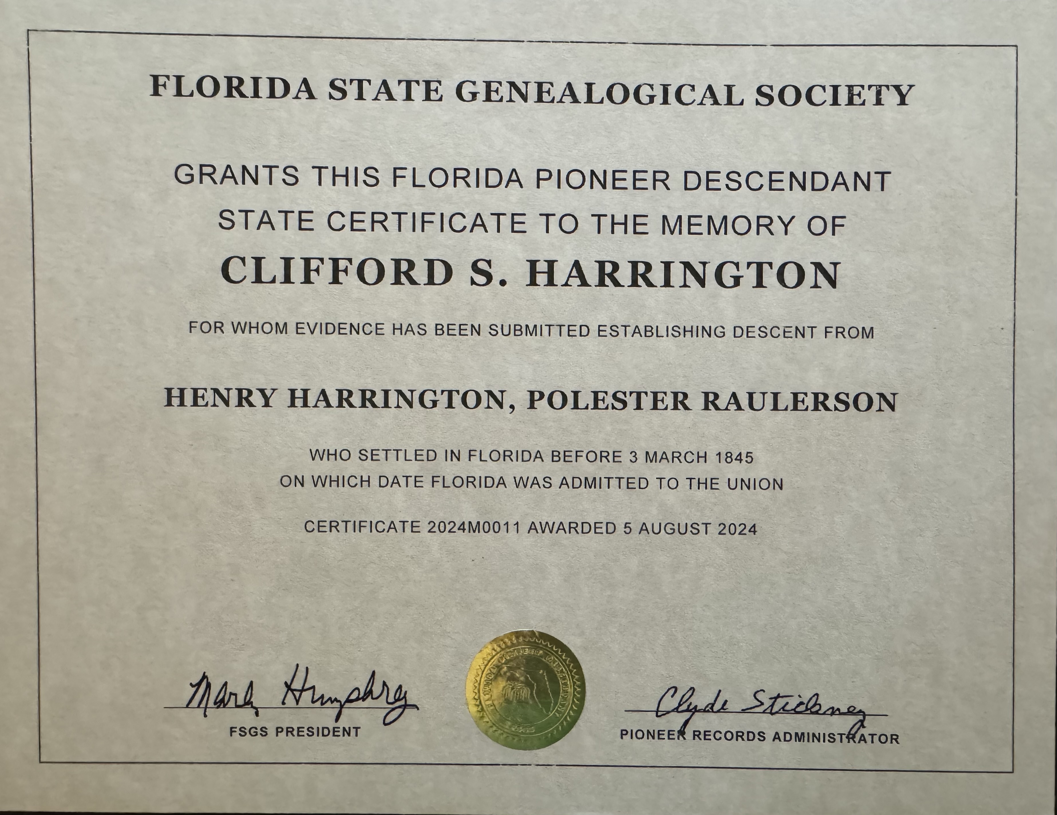 Florida Pioneer Certificate (PDF)