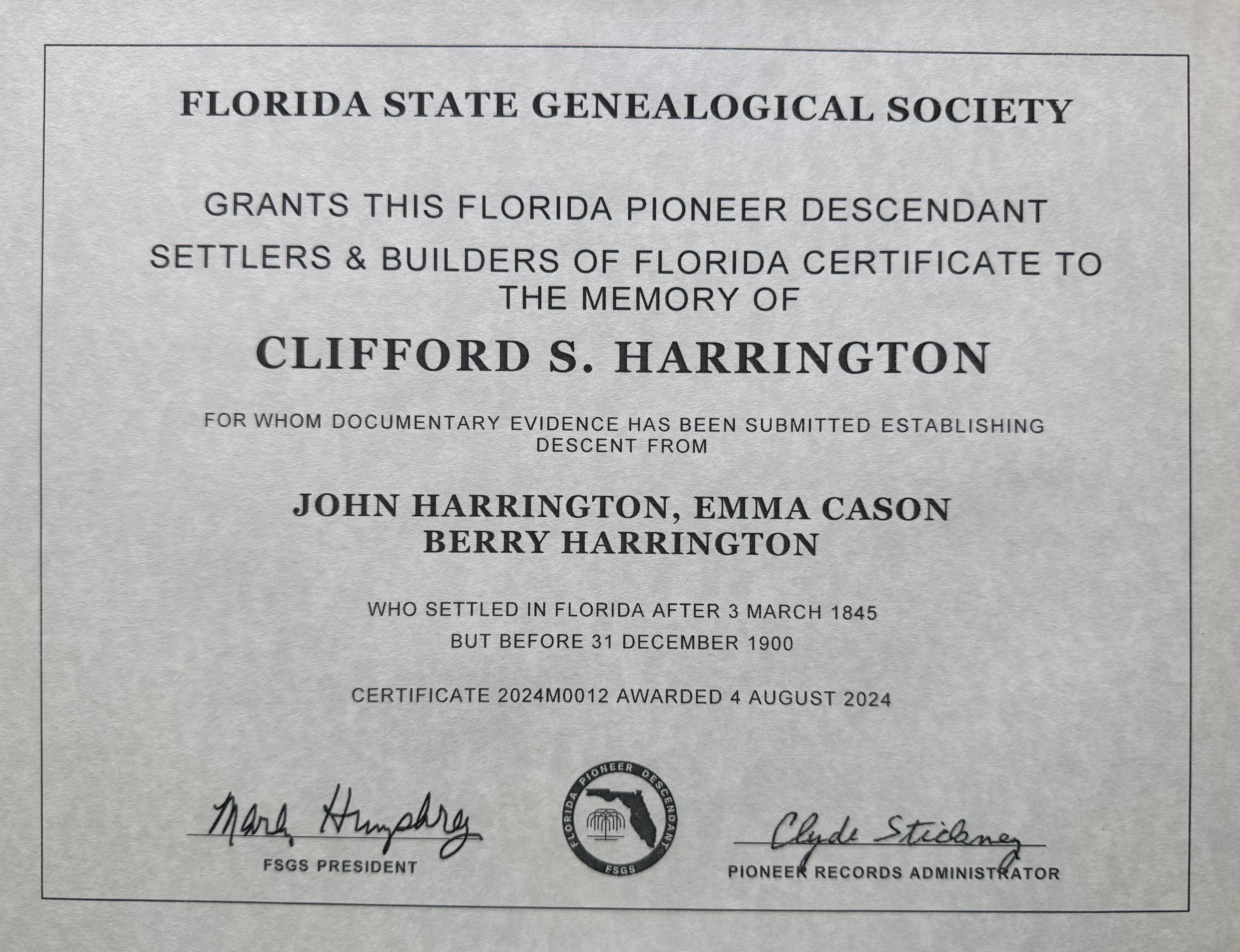 Florida Settler Builder Certificate (PDF)